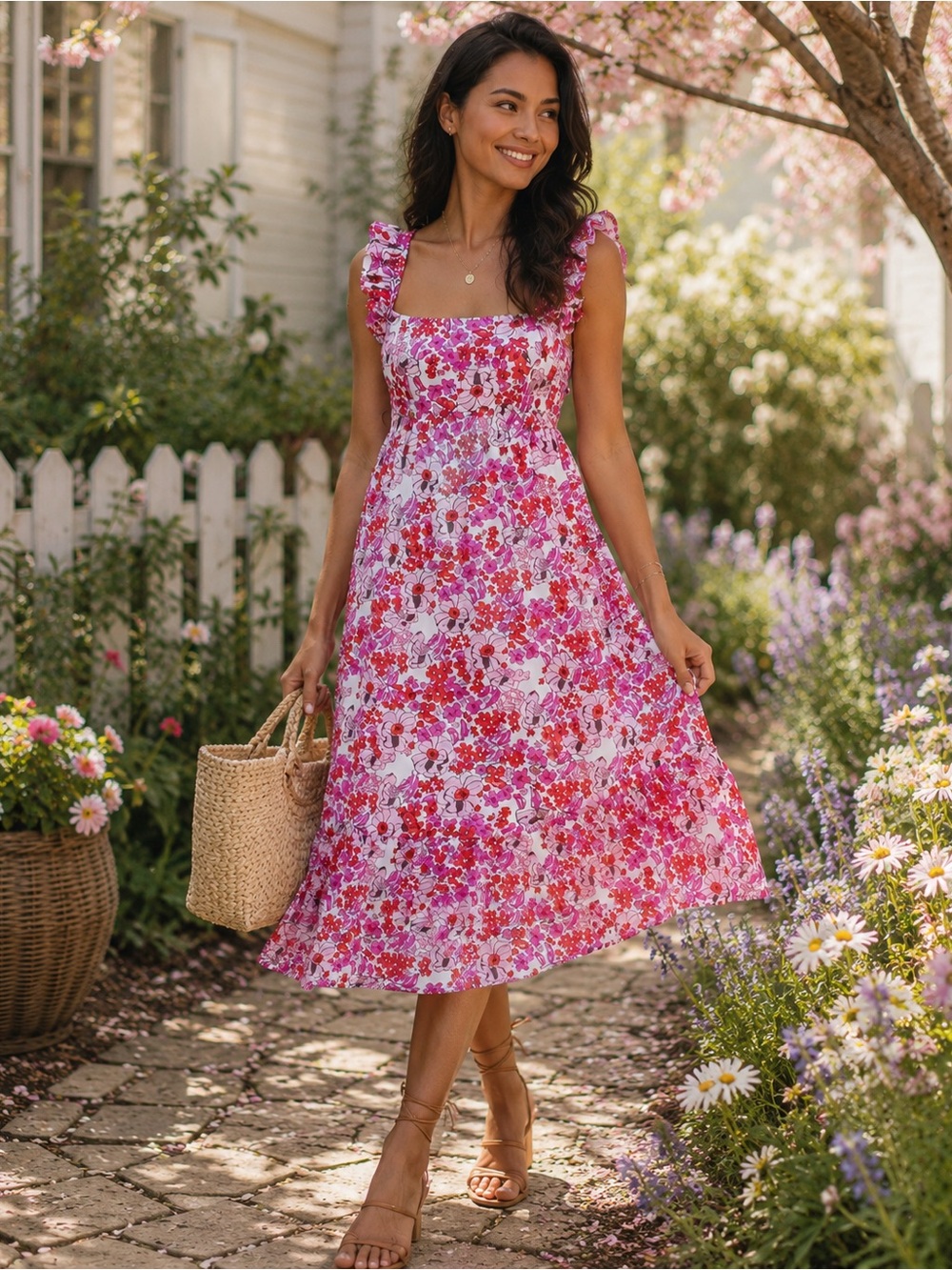 Anthropologie Ro's Garden Becky Midi Dress Pink Red Floral Ruffle Strap Sundress